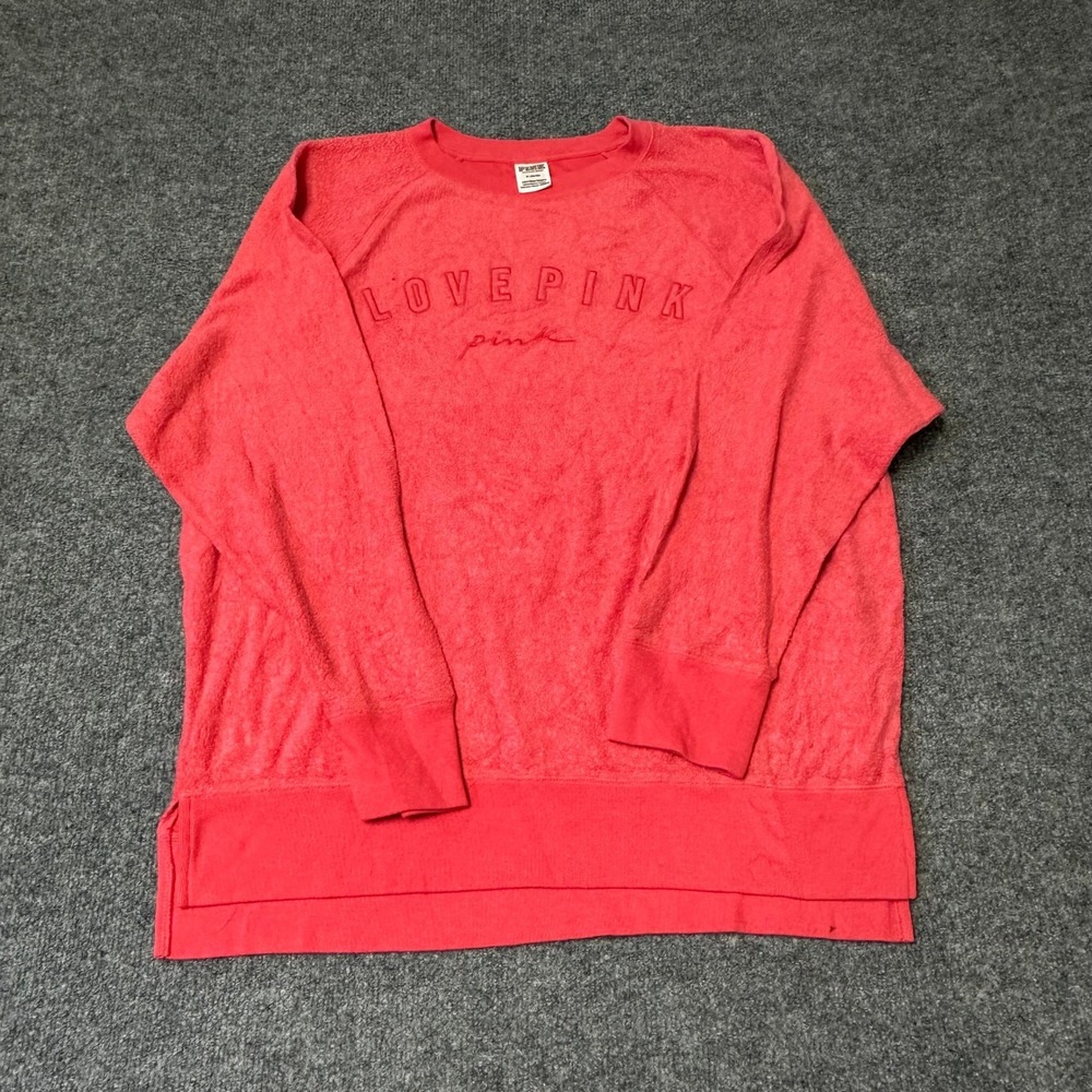 Pink Sweatshirt Womens Size M Coral Textured Fleece Love Pink Logo Pullover